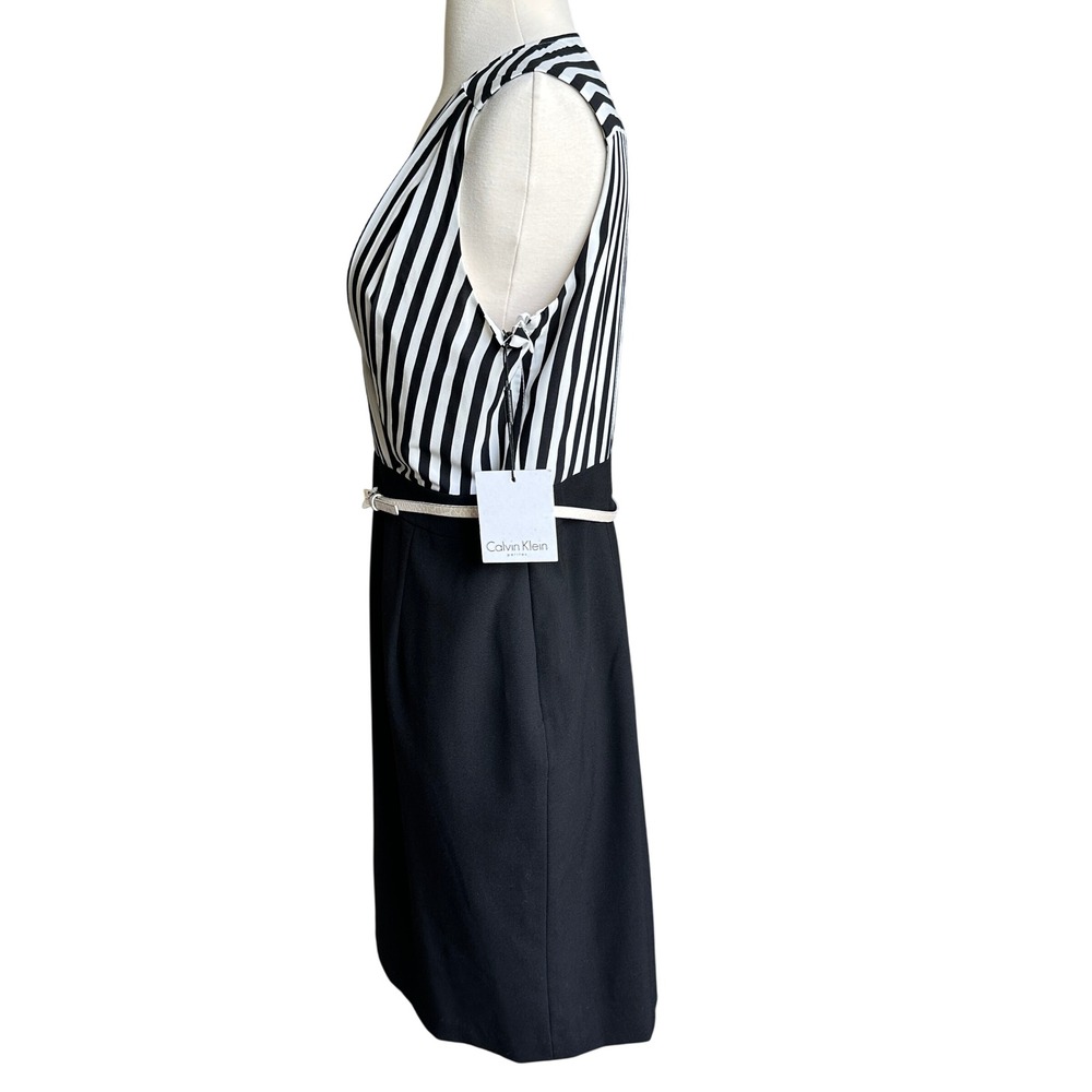 Calvin Klein Striped Sheath Dress Belted Office Siren V-Neck Corporate Size 10P - Picture 4 of 9